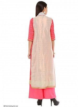 Pink Printed 3/4 Sleeve kurta With Sleeveless Gillet - wforwoman