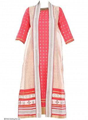 Pink Printed 3/4 Sleeve kurta With Sleeveless Gillet - wforwoman