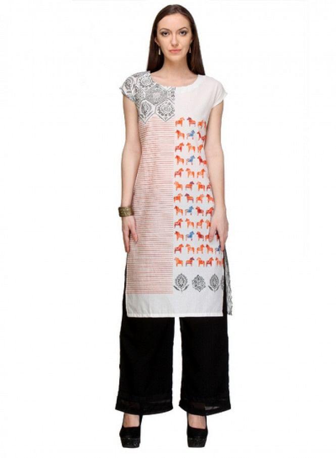 White Printed Short Sleeve kurta - wforwoman