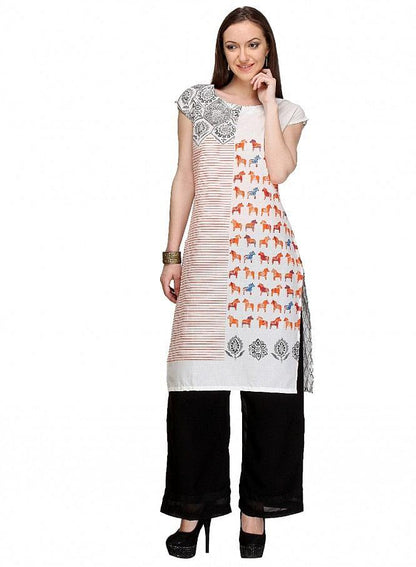 White Printed Short Sleeve kurta - wforwoman