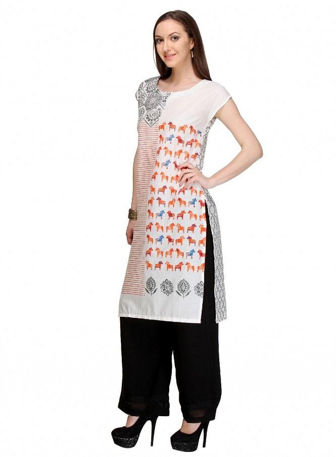 White Printed Short Sleeve kurta - wforwoman