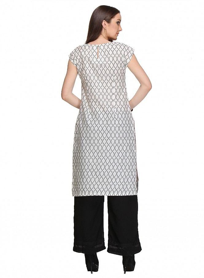 White Printed Short Sleeve kurta - wforwoman