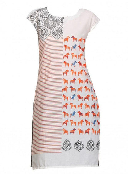 White Printed Short Sleeve kurta - wforwoman