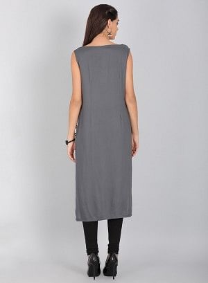 Grey Round Neck Solid kurta