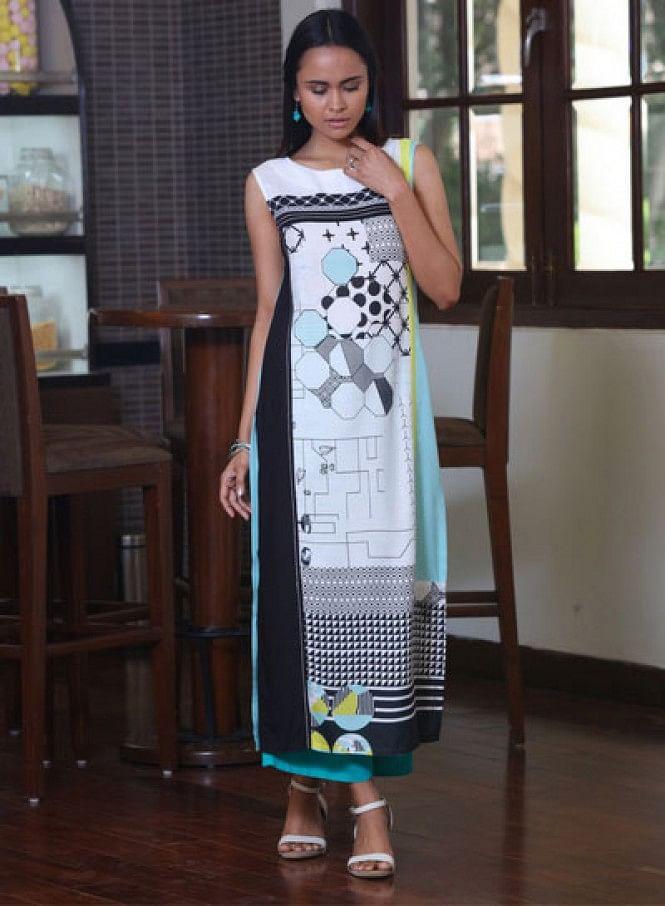 White Printed Sleeveless kurta - wforwoman