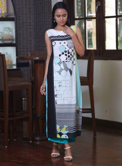 White Printed Sleeveless kurta - wforwoman