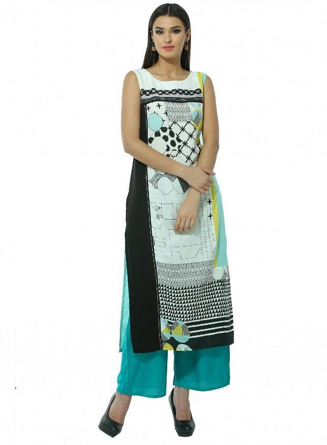 White Printed Sleeveless kurta - wforwoman