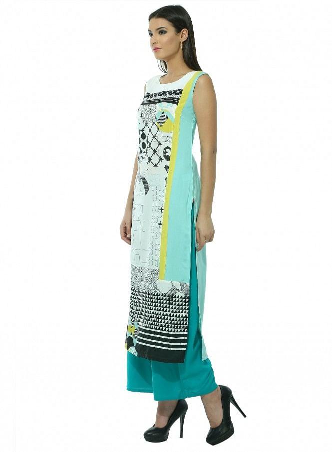 White Printed Sleeveless kurta - wforwoman