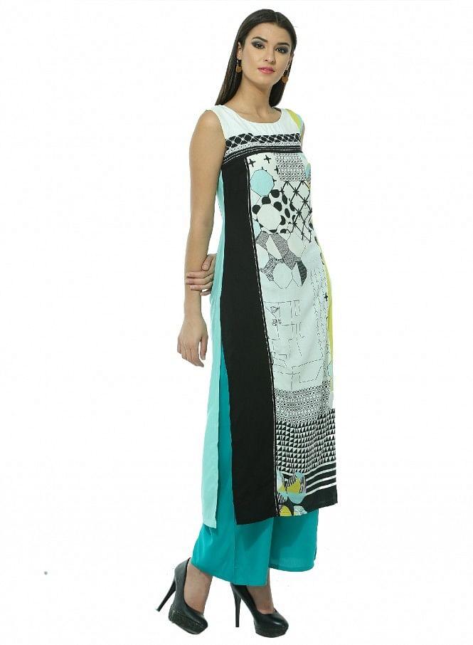 White Printed Sleeveless kurta - wforwoman