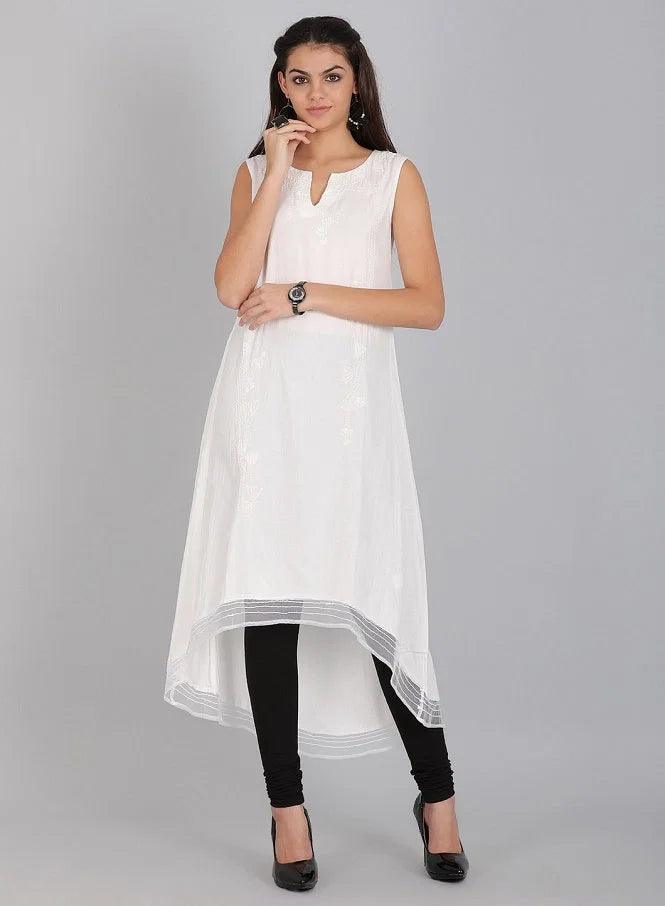 White Round Neck Solid kurta - wforwoman