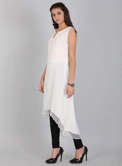 White Round Neck Solid kurta - wforwoman