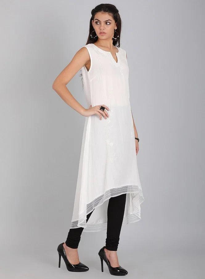 White Round Neck Solid kurta - wforwoman