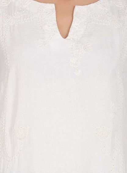 White Round Neck Solid kurta - wforwoman