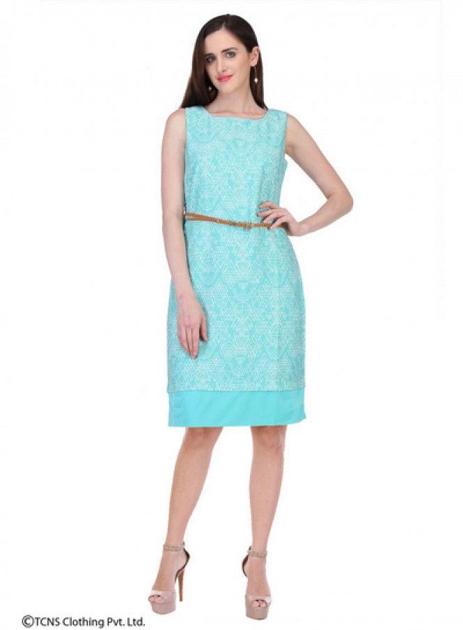 Blue Printed Sleeveless Dress - wforwoman