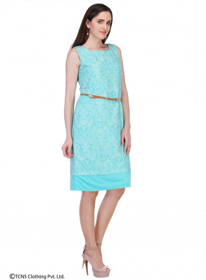 Blue Printed Sleeveless Dress - wforwoman