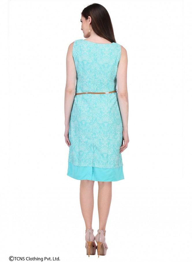 Blue Printed Sleeveless Dress - wforwoman