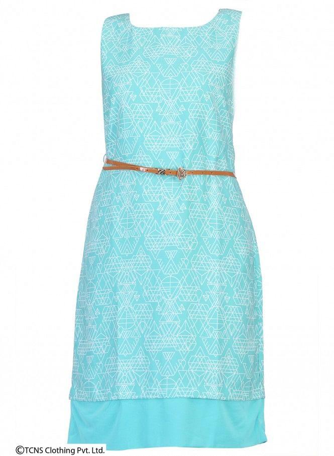 Blue Printed Sleeveless Dress - wforwoman