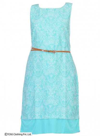 Blue Printed Sleeveless Dress - wforwoman