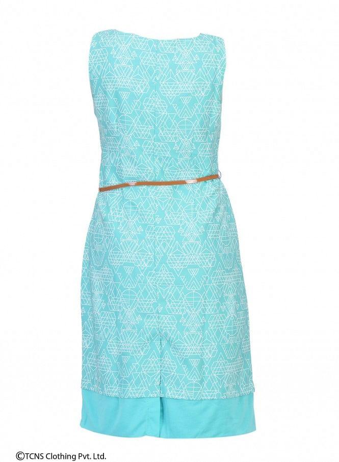 Blue Printed Sleeveless Dress - wforwoman