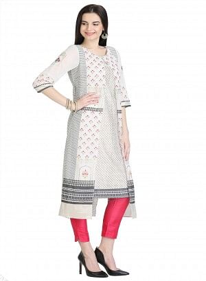 White 3/4 Sleeve Printed kurta