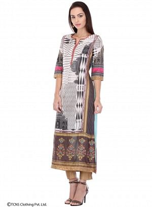 White Printed 3/4 Sleeve kurta