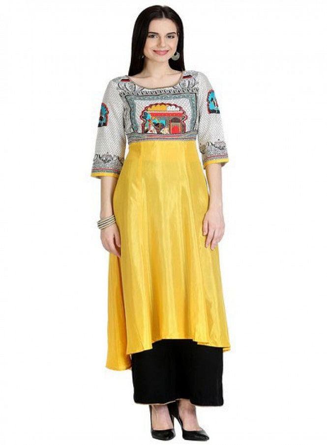 Yellow 3/4 Sleeve Printed kurta - wforwoman