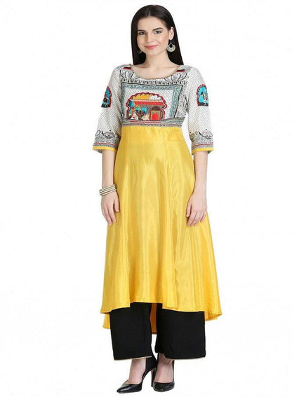 Yellow 3/4 Sleeve Printed kurta - wforwoman