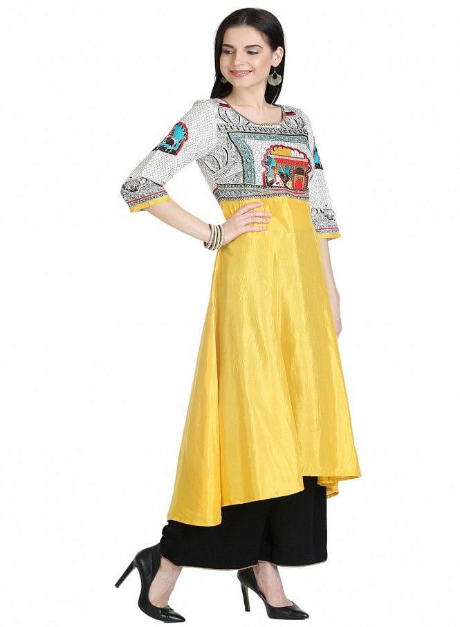 Yellow 3/4 Sleeve Printed kurta - wforwoman