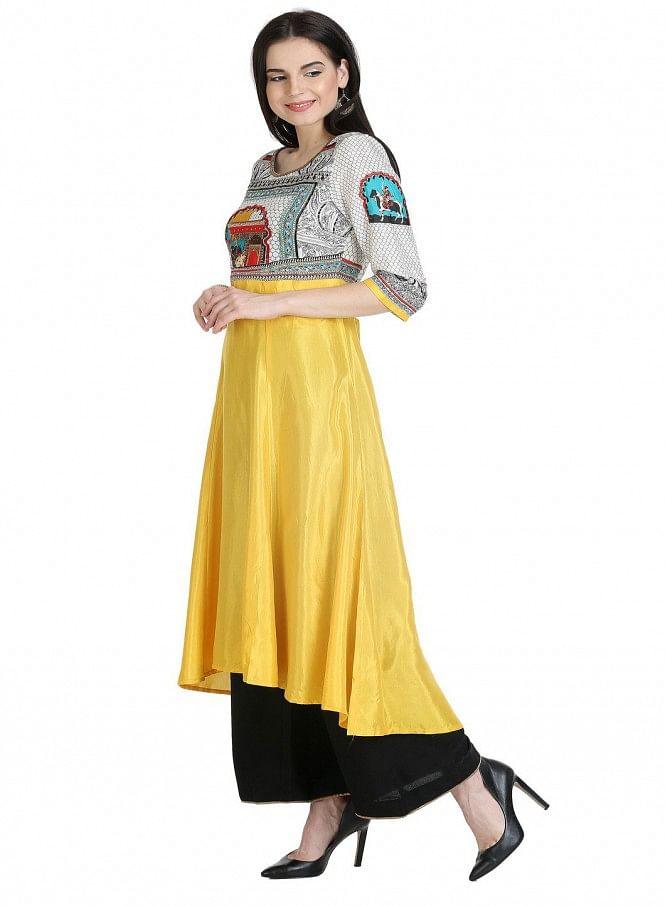 Yellow 3/4 Sleeve Printed kurta - wforwoman