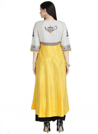 Yellow 3/4 Sleeve Printed kurta - wforwoman