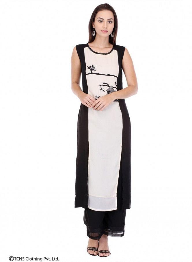 Black Printed Sleeveless kurta - wforwoman