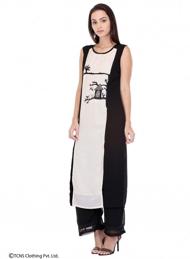 Black Printed Sleeveless kurta - wforwoman