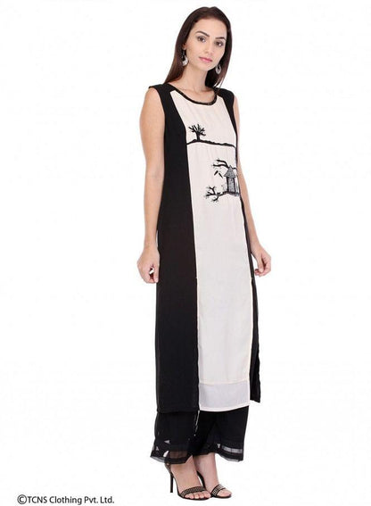 Black Printed Sleeveless kurta - wforwoman