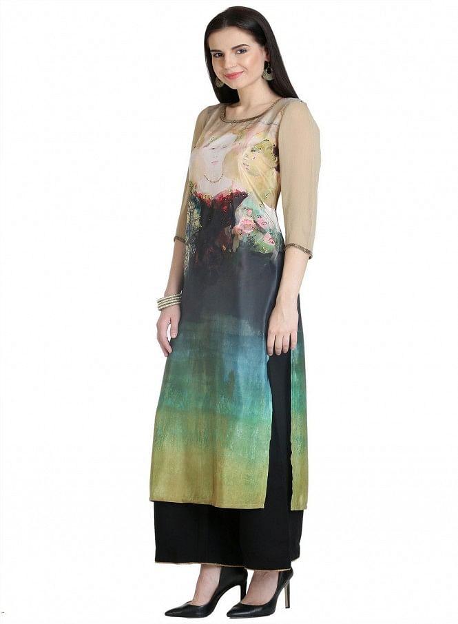 Beige 3/4 Sleeve Printed kurta - wforwoman