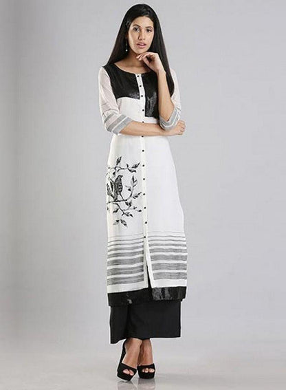 White Round Neck Printed kurta - wforwoman