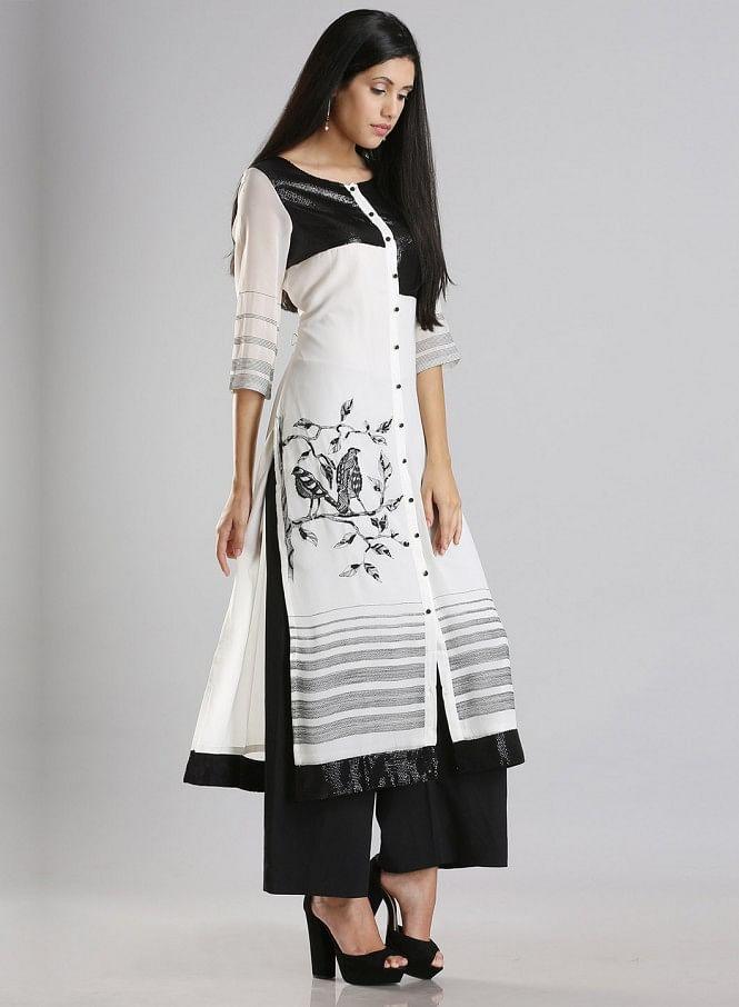 White Round Neck Printed kurta - wforwoman