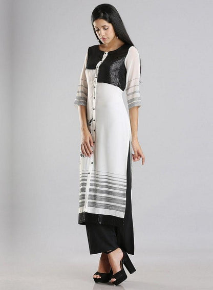 White Round Neck Printed kurta - wforwoman