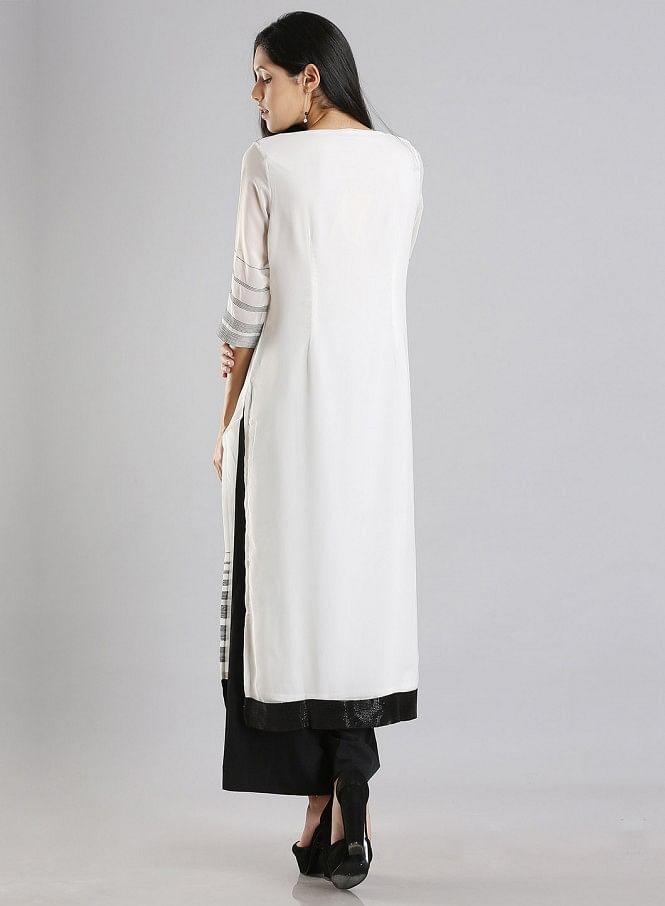 White Round Neck Printed kurta - wforwoman