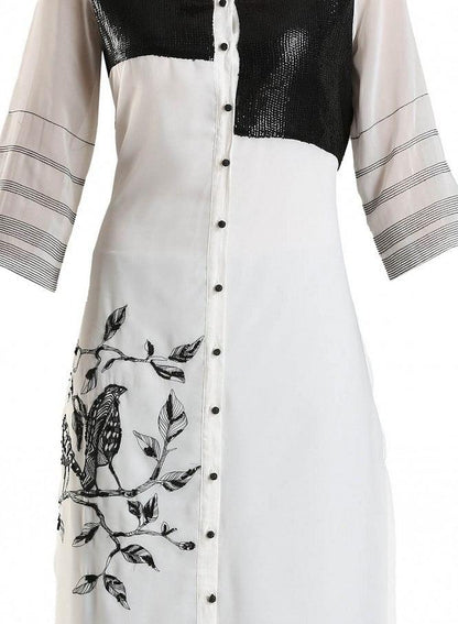 White Round Neck Printed kurta - wforwoman