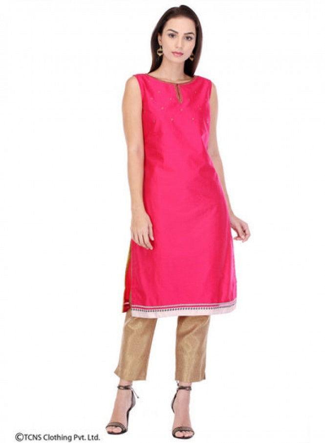 Pink Embellished Sleeveless kurta - wforwoman