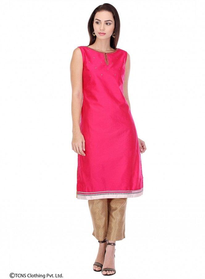 Pink Embellished Sleeveless kurta - wforwoman