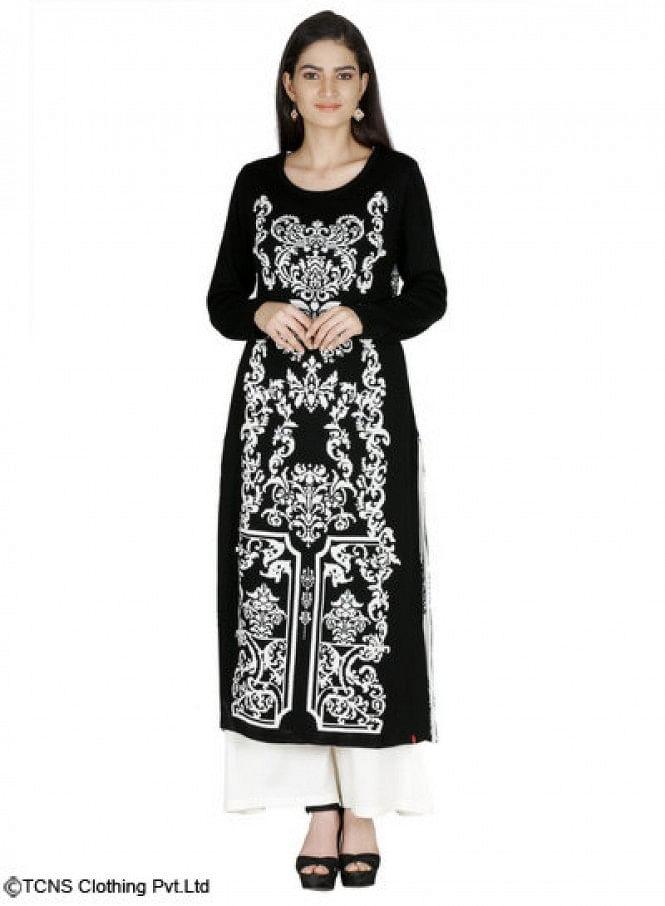 Black Round Neck Winter kurta - wforwoman