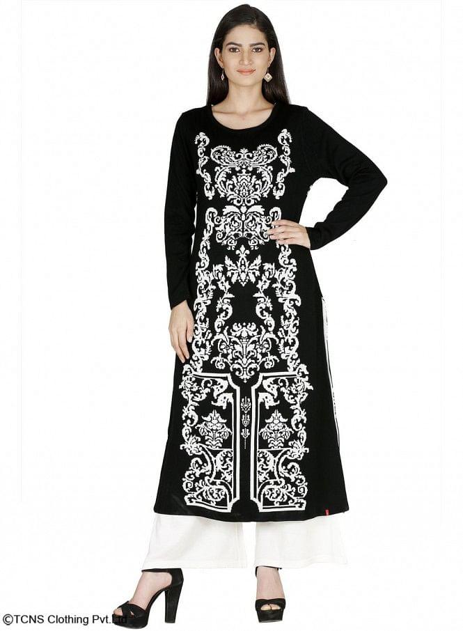 Black Round Neck Winter kurta - wforwoman