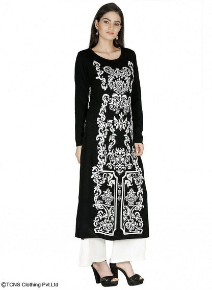 Black Round Neck Winter kurta - wforwoman