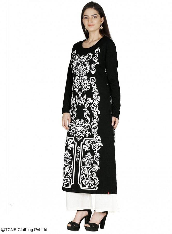 Black Round Neck Winter kurta - wforwoman