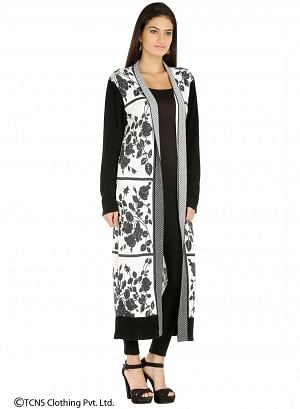 White Leaf-Print Long Cardigan