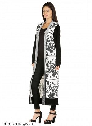 White Leaf-Print Long Cardigan