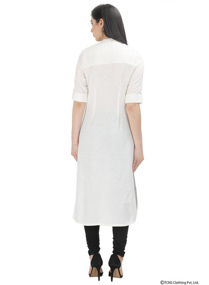 White 3/4 Sleeve Mandarin Neck kurta - wforwoman