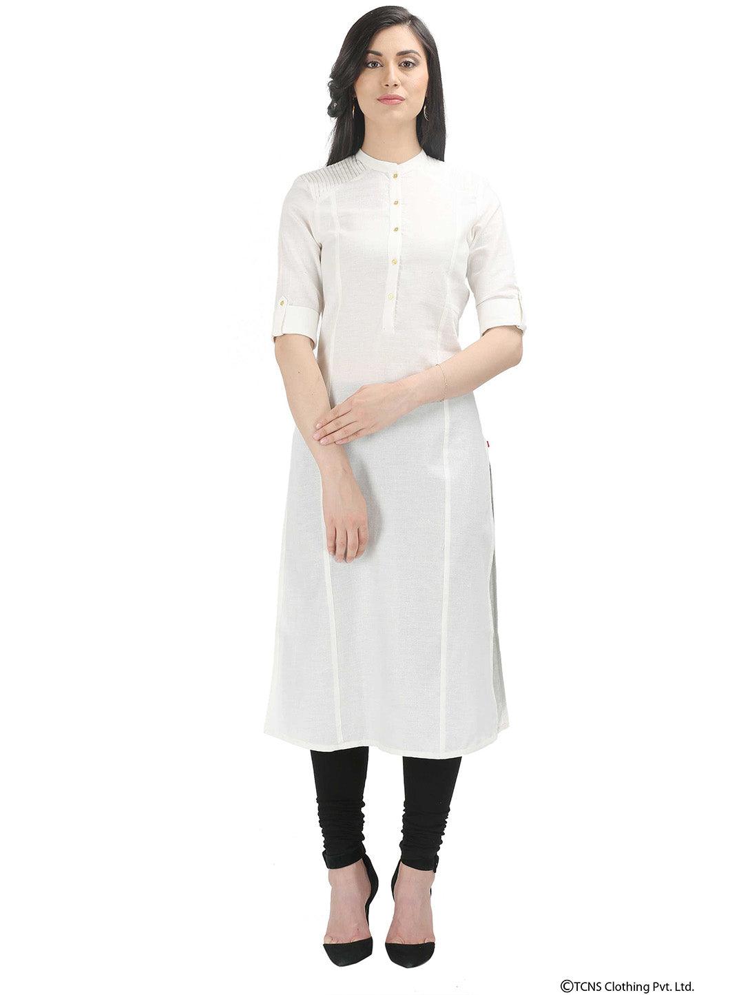 White 3/4 Sleeve Mandarin Neck kurta - wforwoman