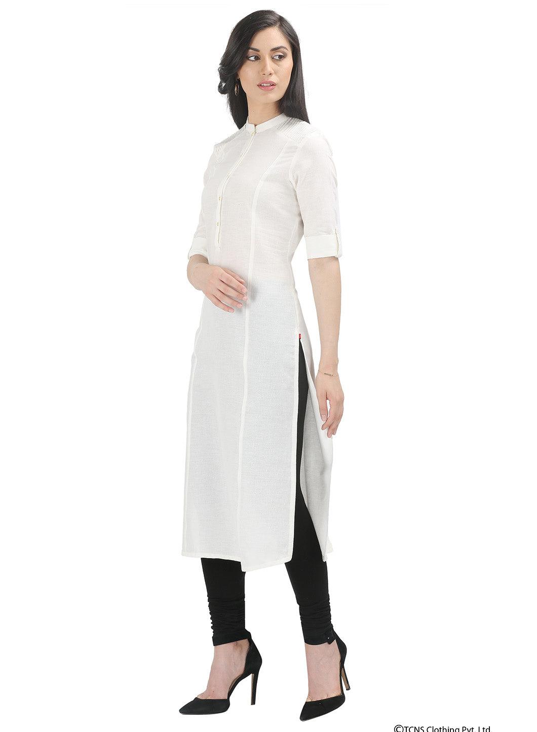 White 3/4 Sleeve Mandarin Neck kurta - wforwoman